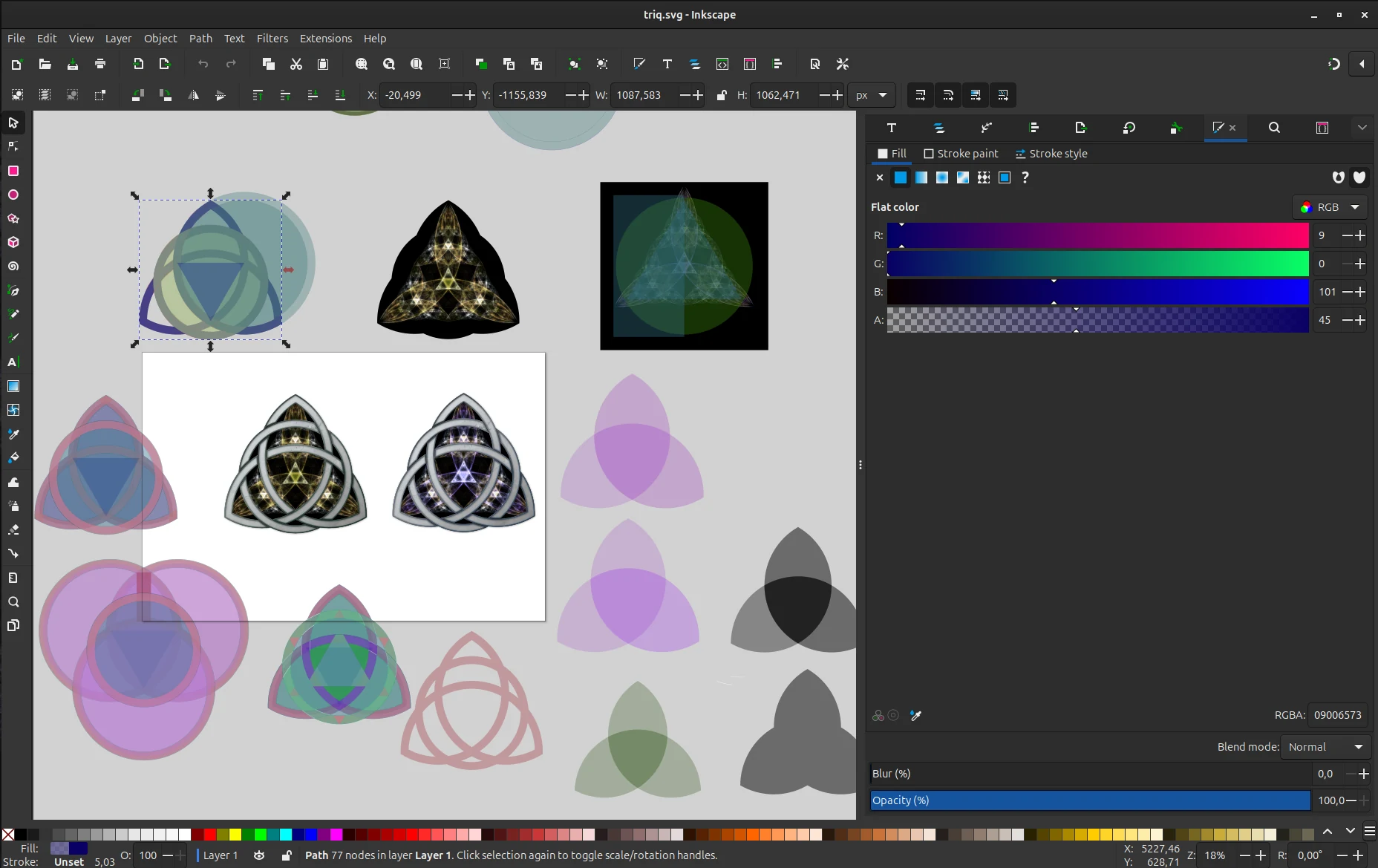 Inkscape workspace showing the two triquetra artwork variants used on the homepage